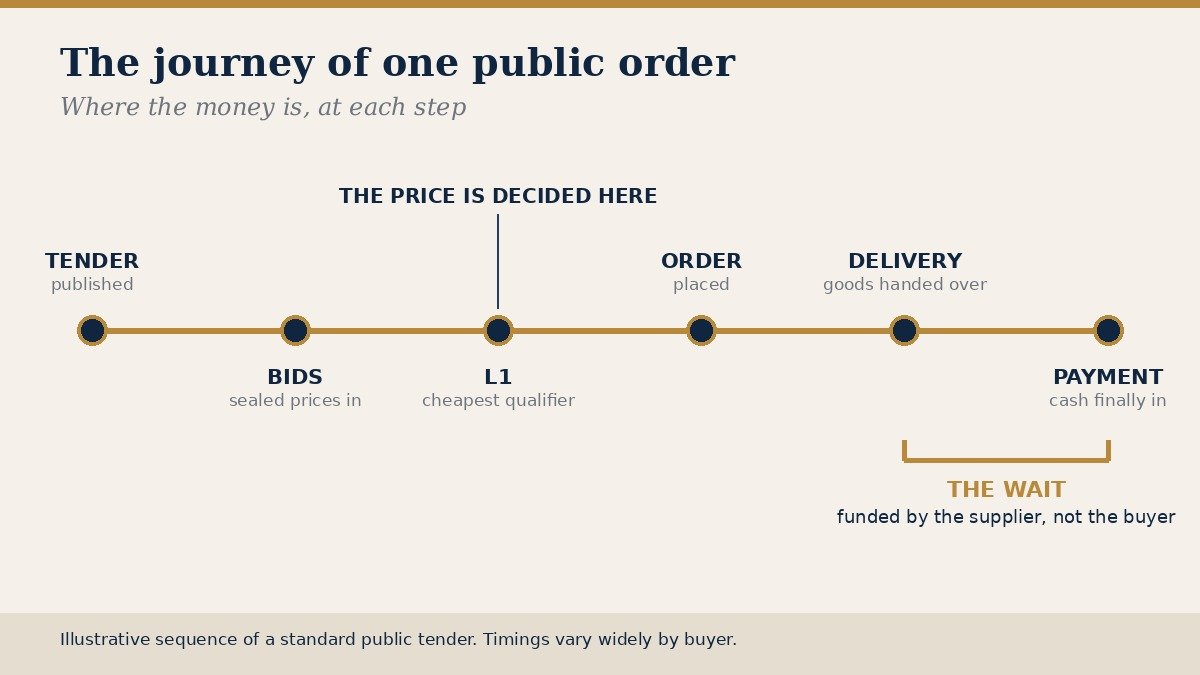 Timeline of a public tender from publication through bids, the lowest qualifying bid, order, delivery and payment.