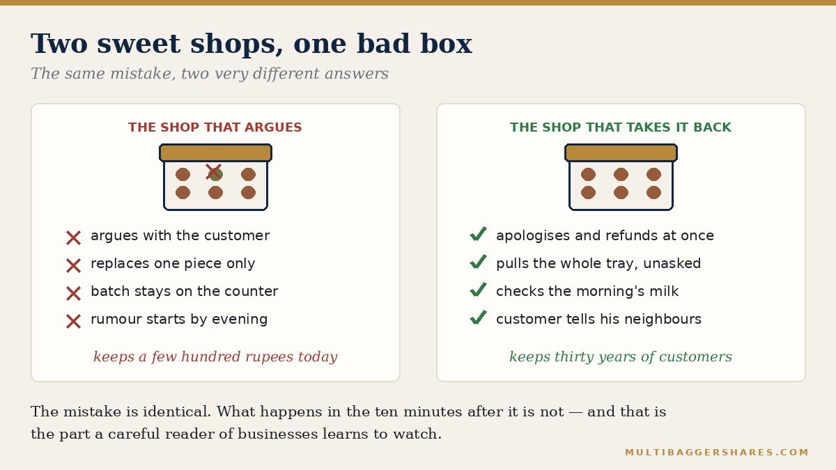 Two panels side by side: the shop that argues with four red crosses, and the shop that takes the box back with four green ticks.
