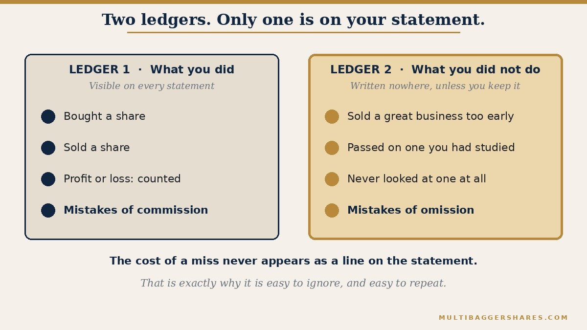 A side by side picture of two notebooks. The first ledger holds what you did: shares bought, shares sold, profit and loss, all shown on your statement. The second ledger holds what you did not do: a great business sold too early, one passed over, and one never studied. Nothing in it appears on any statement.