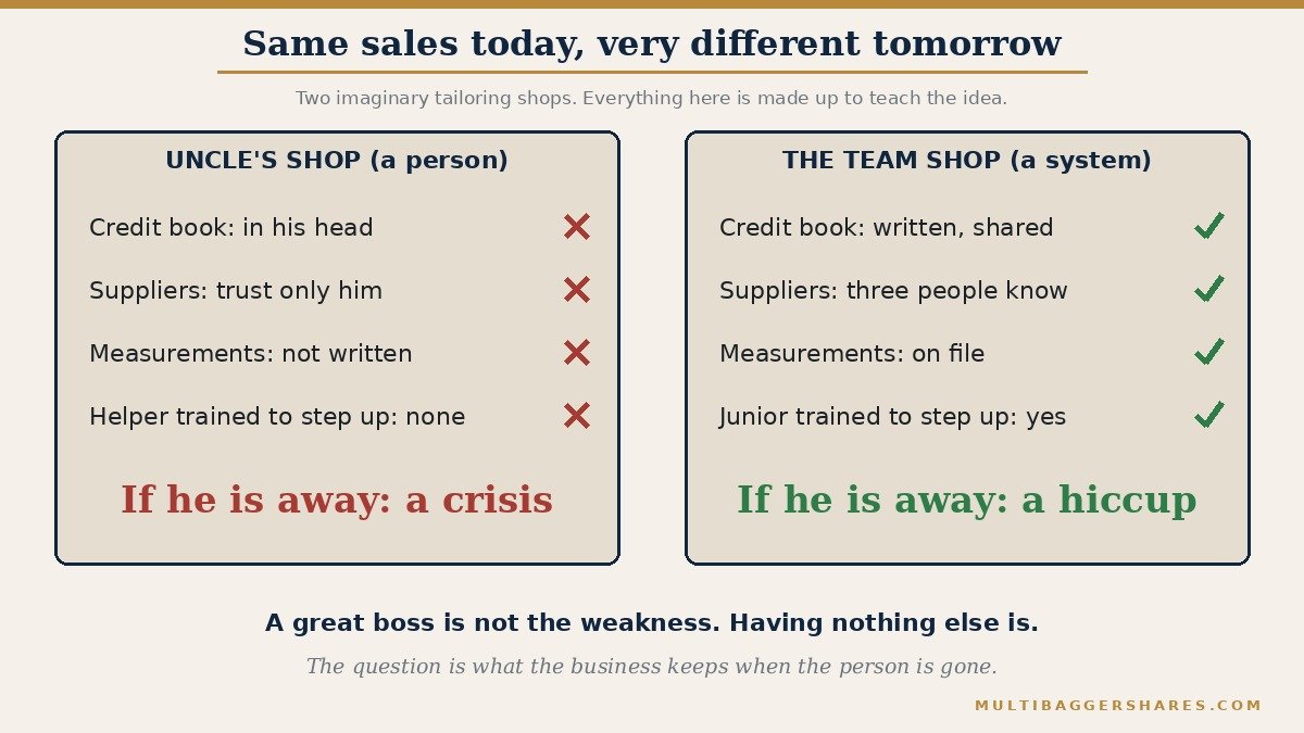 A side by side picture of two made-up shops. In Uncle's shop, only Uncle knows the credit book, the suppliers and the customers, and nothing is written down. In the Team shop, the credit book is written down, three people know the suppliers, and a junior is trained to step up. The shops are imaginary and only teach the idea.