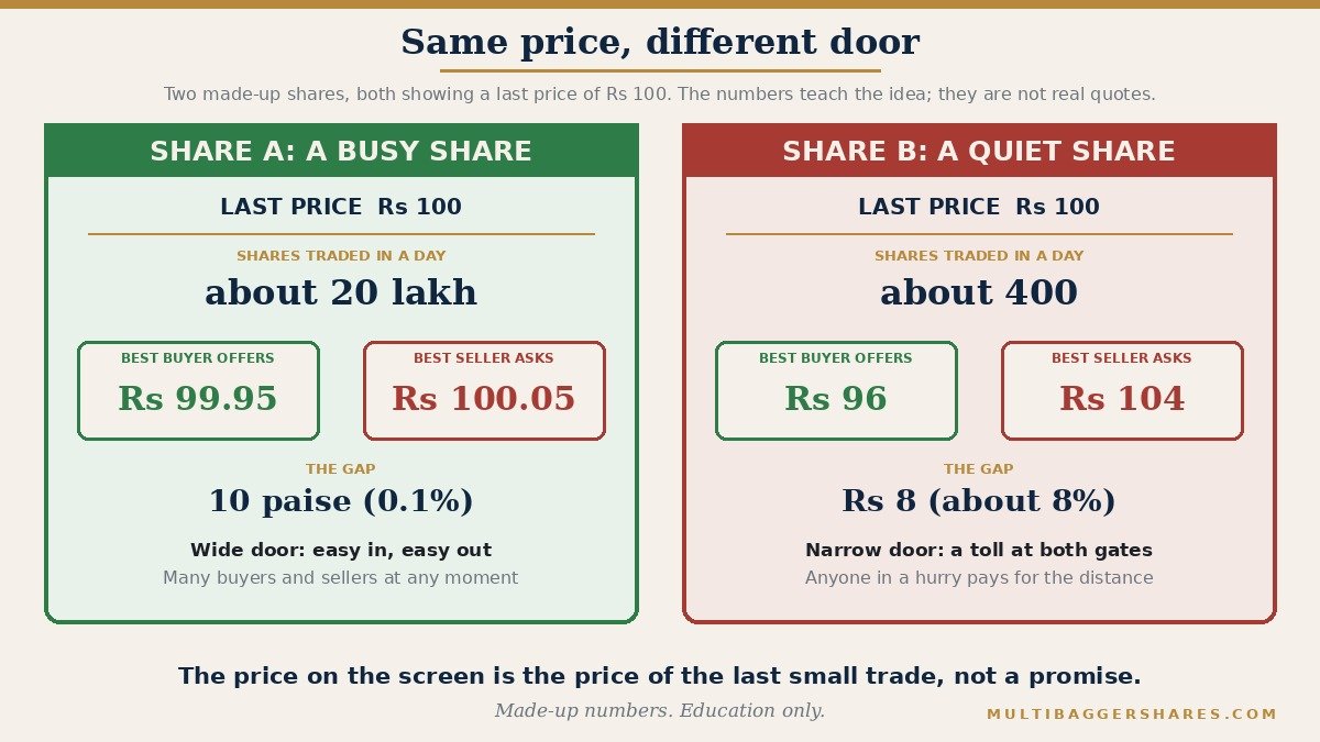 Two panels side by side. Share A is a busy share: about 20 lakh shares change hands each day and the best buyer and best seller are only 10 paise apart. Share B is a quiet share: about 400 shares change hands each day and the best buyer offers Rs 96 while the best seller asks Rs 104, a gap of Rs 8. Both show a last price of Rs 100. All numbers are made up to teach the idea.