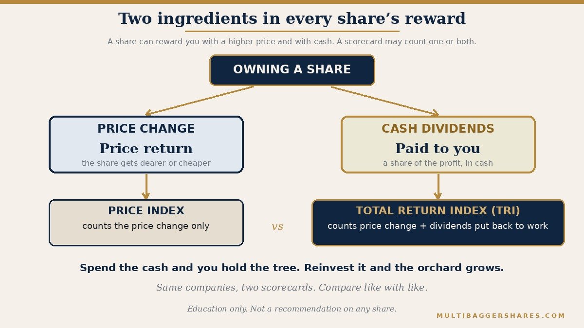 A flowchart. The reward of owning a share has two ingredients: the change in the share price, which is called price return, and the dividends paid in cash. A price index counts only the first ingredient. A total return index counts both and assumes the dividends are put back to work. If you spend the dividends you collect the cash; if you reinvest them they buy more shares, which earn their own price change and dividends in later years.