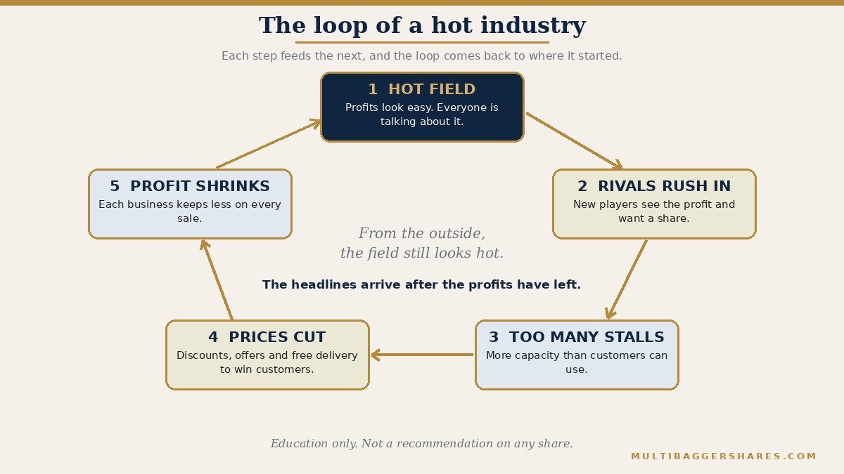 A flowchart in the shape of a loop. Step one: an industry becomes hot and profits look easy. Step two: new rivals rush in. Step three: there are more stalls, shops or planes than customers need. Step four: prices are cut to win customers. Step five: profit per business shrinks, and the arrow loops back to the industry still looking hot from the outside.