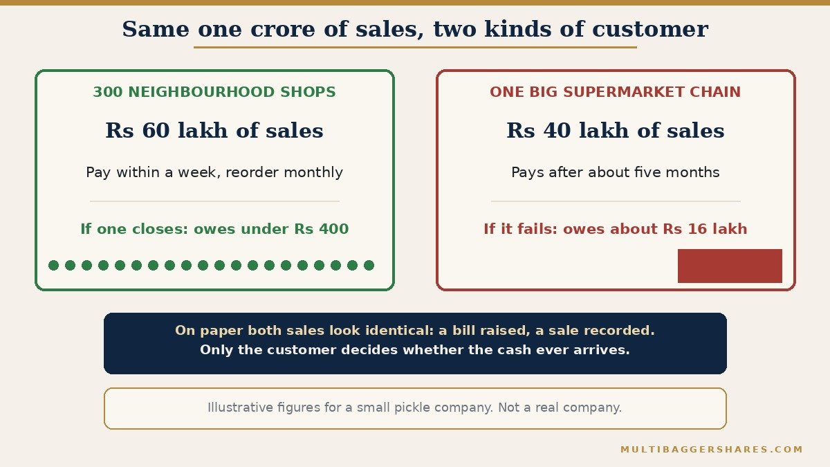 A side by side picture. On the left, three hundred neighbourhood shops buy sixty lakh rupees of pickle, pay within a week, and each owes under four hundred rupees if it closes. On the right, one big supermarket chain buys forty lakh rupees, pays after about five months, and owes roughly sixteen lakh rupees if it fails. A note says both sales look identical in the accounts