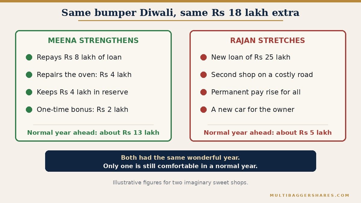 A side by side picture of two sweet shops that each earned an extra eighteen lakh rupees in a bumper Diwali. On the left, Meena repays an eight lakh loan, repairs the oven for four lakh, keeps four lakh as reserve and pays a two lakh one-time bonus, so her normal-year profit stays near thirteen lakh. On the right, Rajan opens a second shop on a twenty-five lakh loan, gives a permanent pay rise and buys a car, so his normal-year profit falls to about five lakh