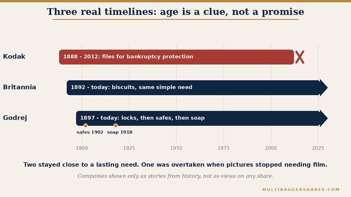 A timeline picture. Britannia Industries began in 1892 in Calcutta and still sells biscuits. Godrej began with locks in 1897, added safes in 1902 and soap in 1918. Kodak began in 1888 and filed for bankruptcy protection in 2012. Age was a clue for all three, but not a promise.