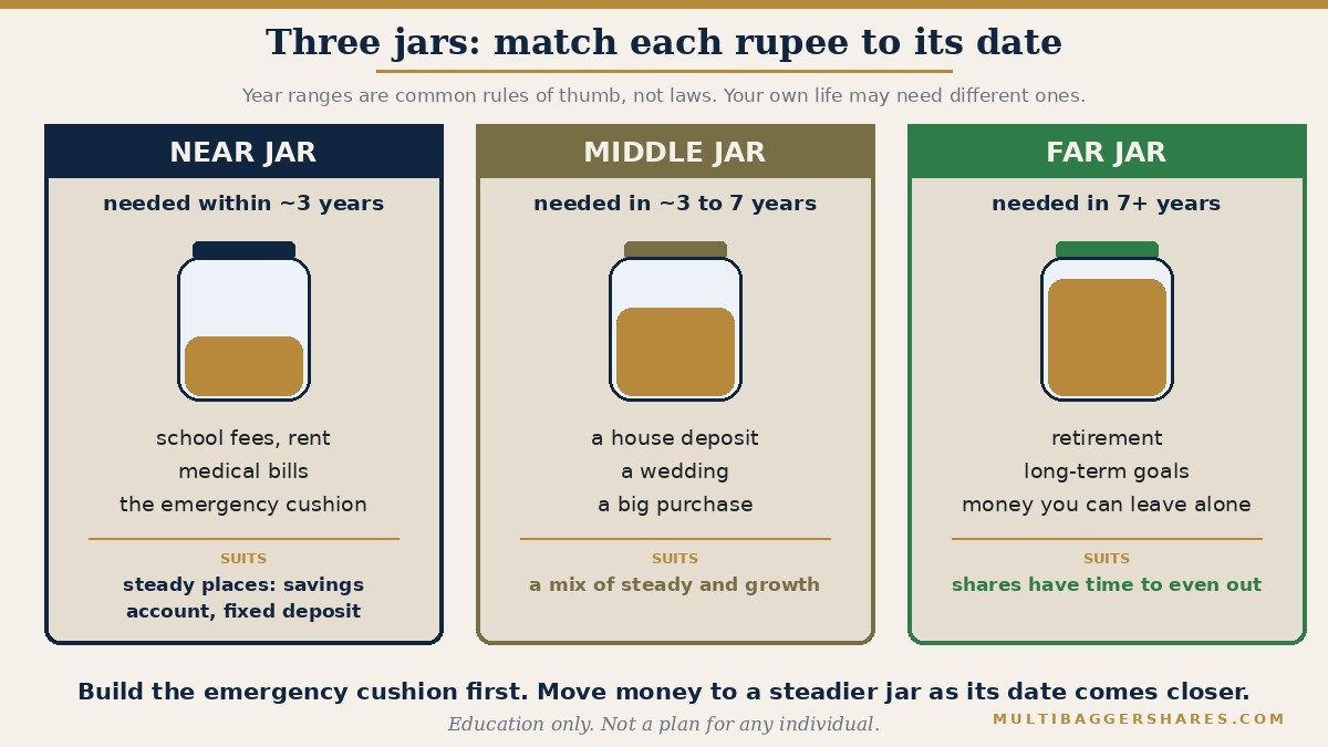 Three cards side by side. The near jar holds money needed within about three years, such as fees, rent, and an emergency cushion, and suits steady places like a savings account or fixed deposit. The middle jar holds money needed in about three to seven years and suits a mix. The far jar holds money not needed for seven years or more, and is the only jar where the swings of shares have enough time to even out. The year ranges are common rules of thumb, not laws.