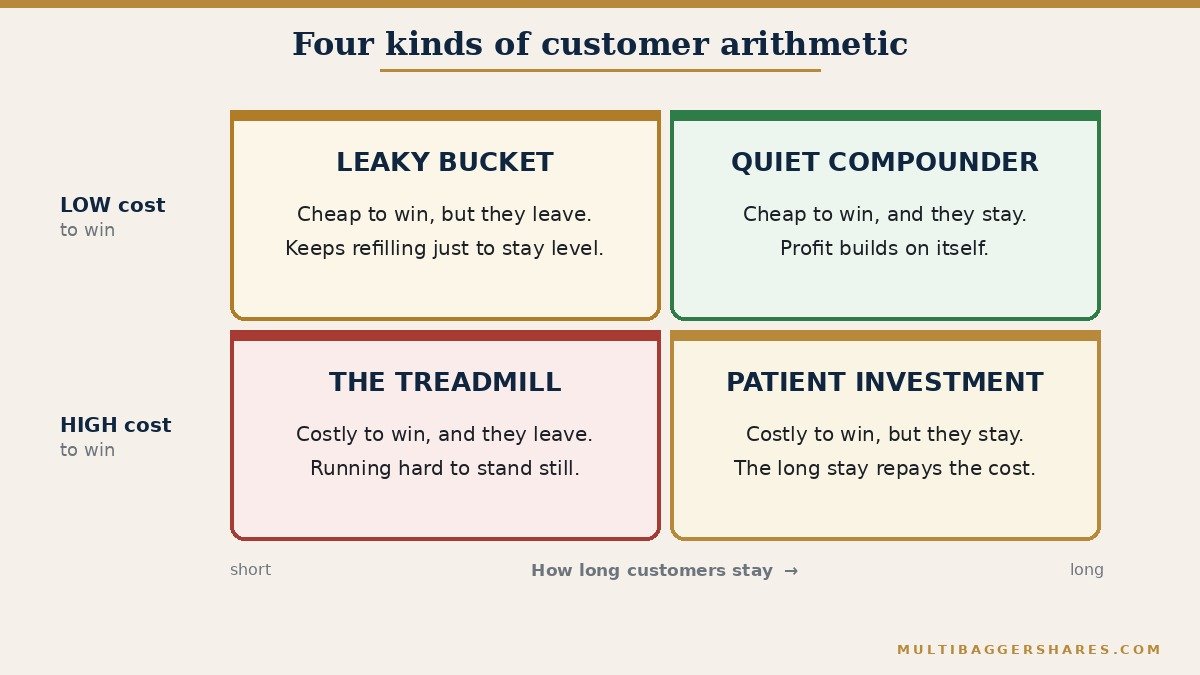 A two by two grid. The horizontal axis is how long customers stay, from short to long. The vertical axis is what it costs to win them, from low at the top to high at the bottom. Top right is called the quiet compounder: cheap to win and they stay. Bottom right is called the patient investment: expensive to win but they stay. Top left is called the leaky bucket: cheap to win but they leave. Bottom left is called the treadmill: expensive to win and they leave. The treadmill is marked as the one to be careful about