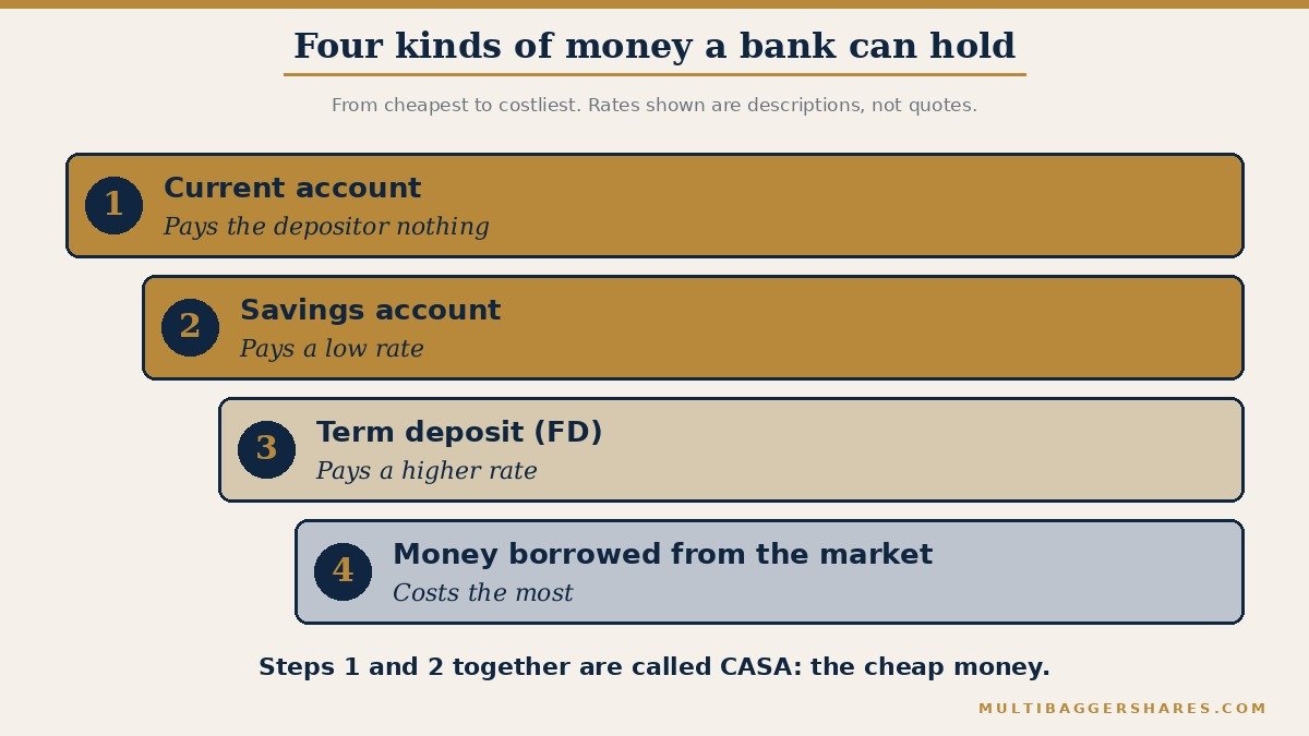 A four-step ladder from cheapest to costliest money. Current account money pays the depositor nothing, savings account money pays a low rate, term deposits pay a higher rate, and money borrowed from the market costs the most. The first two steps together are marked CASA