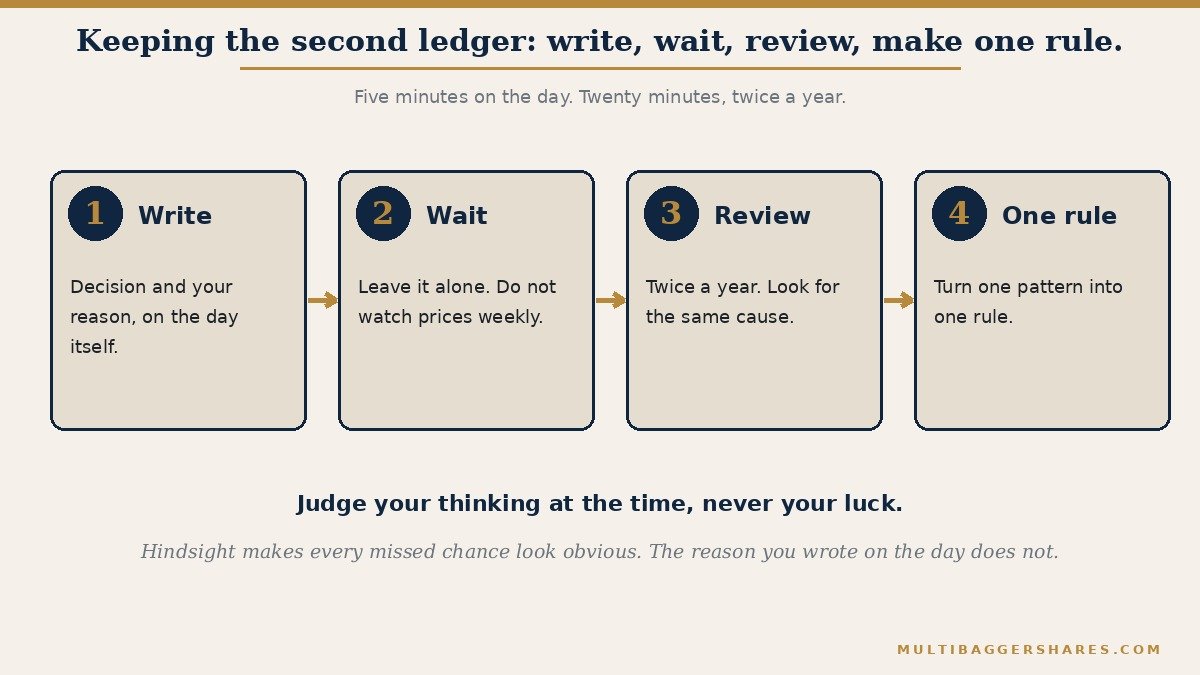 A four step flowchart. Step one: write the decision and your reason on the day. Step two: leave it alone and do not check prices every week. Step three: review twice a year and look for patterns. Step four: turn one pattern into one rule for next time.