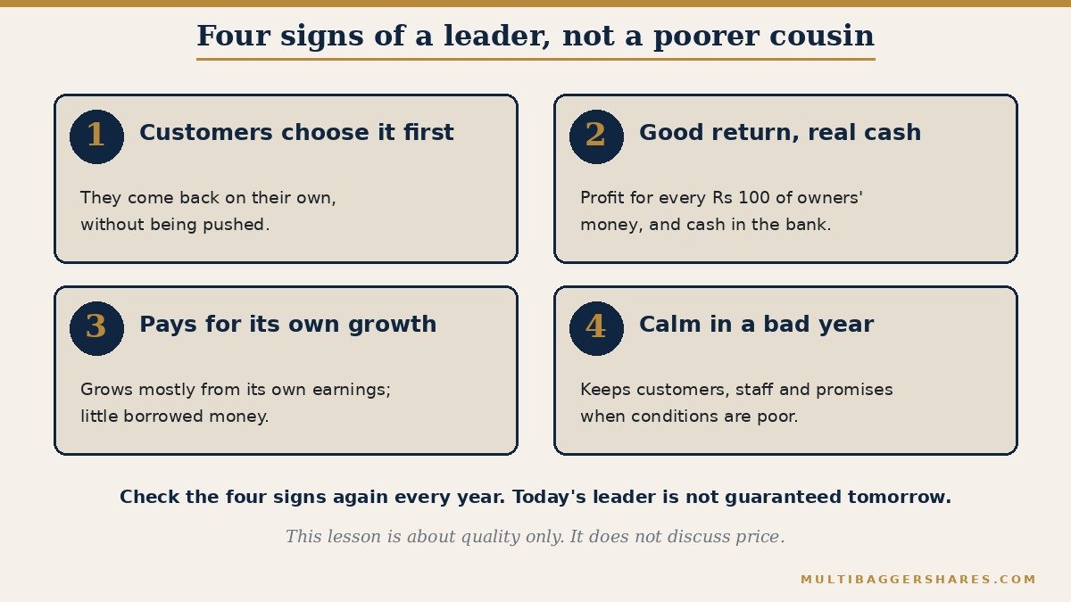 A four box picture. Sign one: customers choose it first and come back. Sign two: it earns a good return on the money put in and turns profit into real cash. Sign three: it pays for growth from its own pocket and borrows little. Sign four: it gets through a bad year without drama.