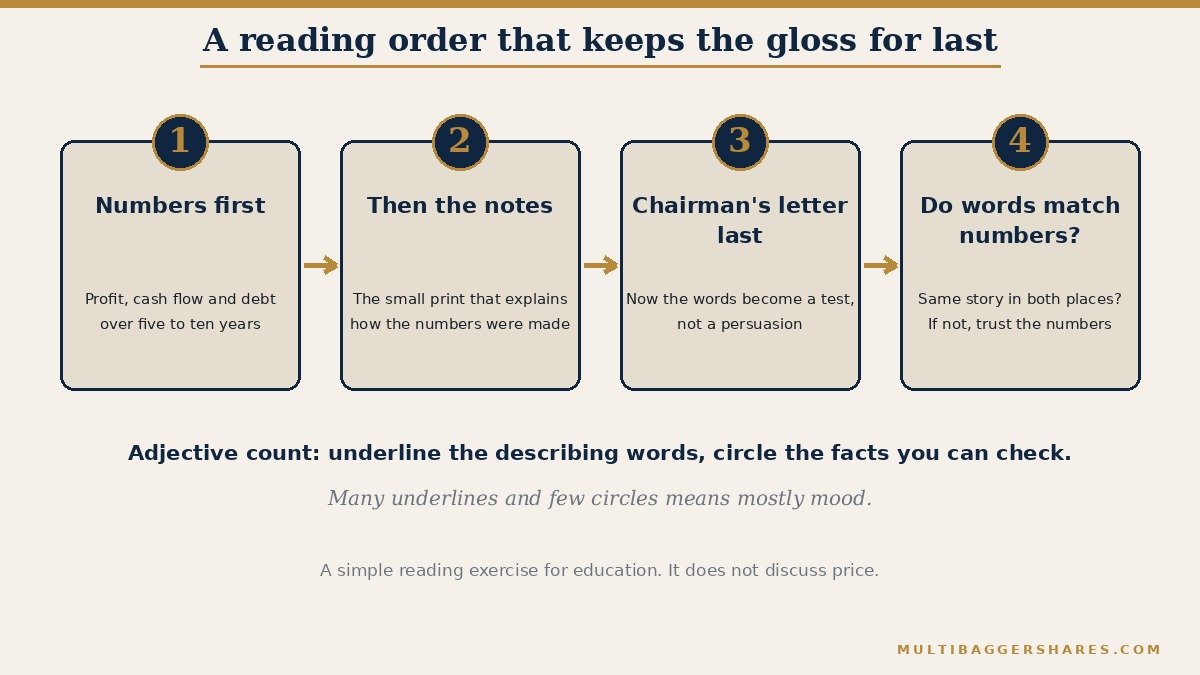 A flowchart picture. Step one: read the numbers first, meaning profit, cash flow and debt over several years. Step two: read the notes behind the numbers. Step three: only then read the chairman's letter. Step four: ask whether the words match the numbers.