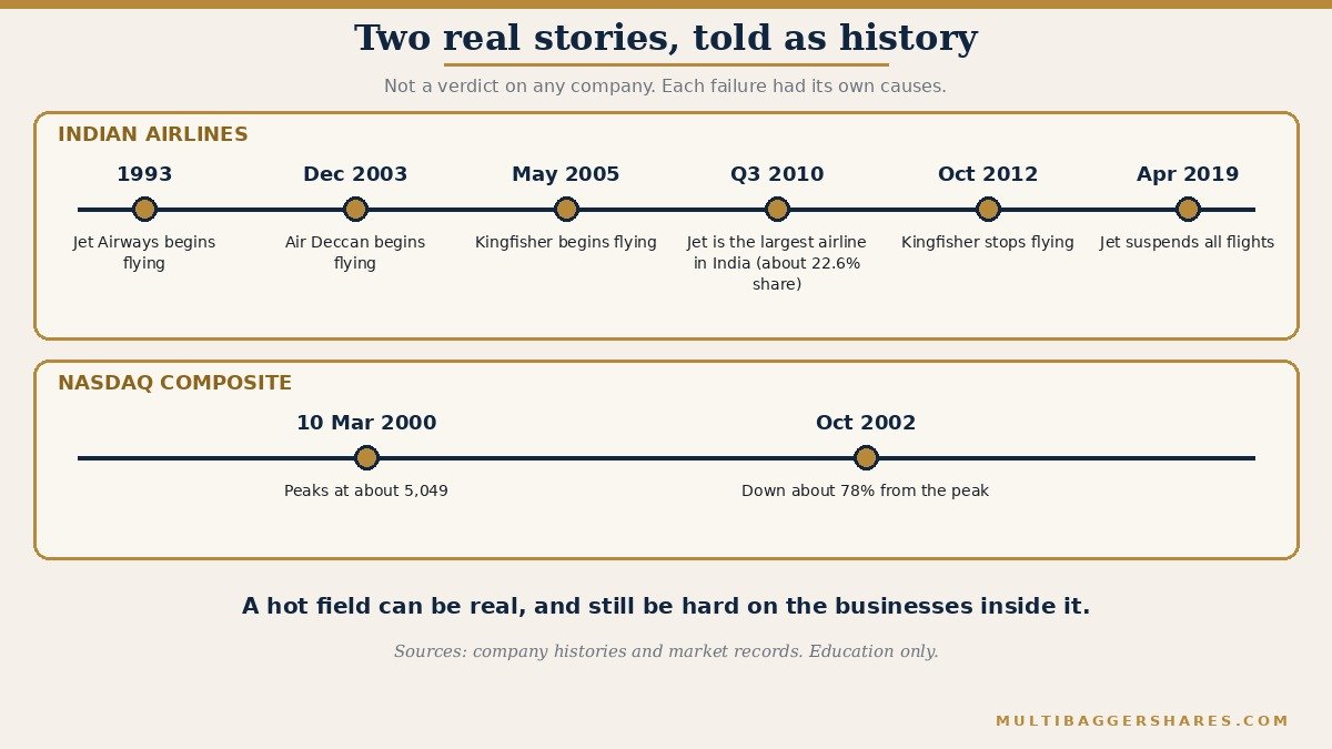 A two-row timeline. Top row, Indian airlines: Jet Airways begins in 1993; Air Deccan begins flying in December 2003; Kingfisher begins in May 2005; Jet becomes the largest airline in India in the third quarter of 2010; Kingfisher stops flying in October 2012; Jet suspends all flights in April 2019. Bottom row, the Nasdaq Composite: it peaks on 10 March 2000 at about 5,049 and by October 2002 is down about 78 percent.