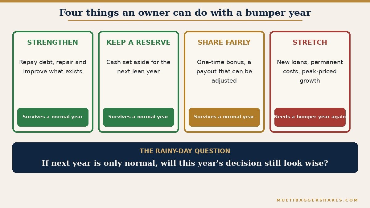 Four cards in a row: strengthen the business, keep a reserve, share in a way that can be reversed, and stretch with permanent costs. The first three are marked as survives a normal year. The fourth is marked needs another bumper year. A bar underneath asks the rainy day question: would this still work next year at normal profit